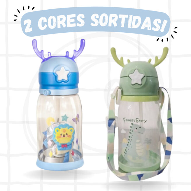 Garrafa Infantil Portátil com Desenho e Alça – Tema Leão ou Dinossauro – Masculino
