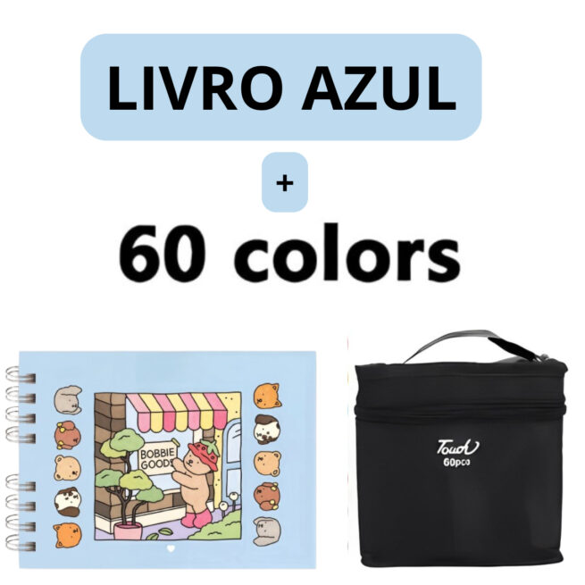 Kit Livro para Colorir Bobbie Goods Azul com 60 Canetas – Estímulo à Imaginação