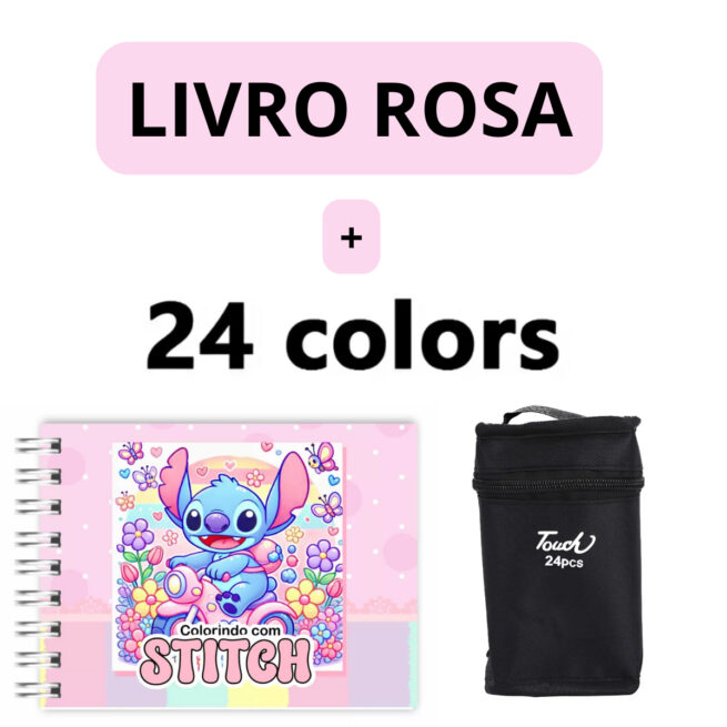 Kit Livro Colorir Lilo Stitch - Rosa - 24 Canetas - personagem querido e canetas coloridas