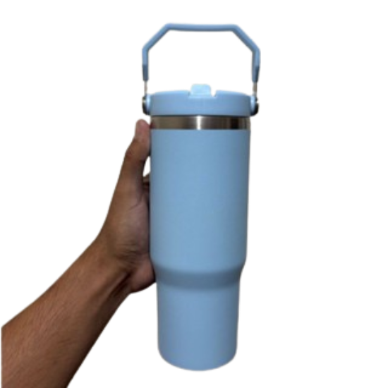 Personalizado Grande - Garrafa Flip Straw Tumbler com Alça Superior e Canudo (900ml) - Azul Claro