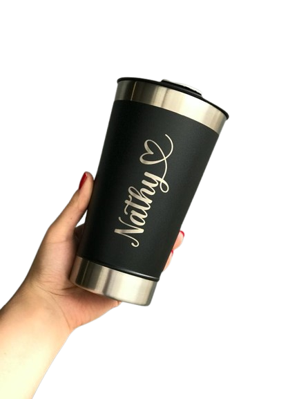 Personalizado - Copo Térmico Inox 473 ml com Tampa e Abridor - Preto Sofisticado