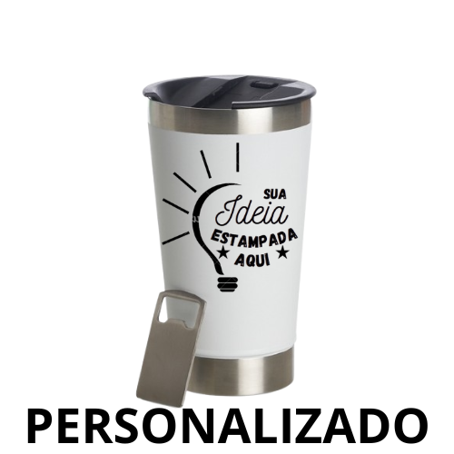 Copo térmico inox com tampa e abridor - 473 ml - personalizado - branco clássico