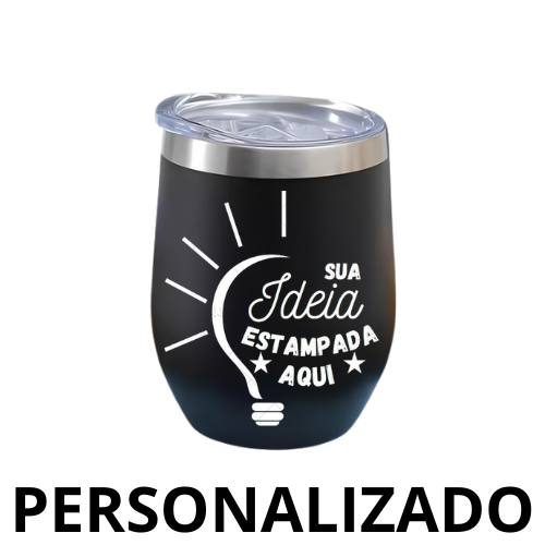 Copo Cuia térmico inox com tampa antivazamento - 360 ml - personalizado - preto elegante