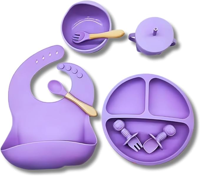 ROXO CLARO - Jogo Introdução Alimentar Bebê Utensílios em Silicone Premium 8 Pçs BBL-54
