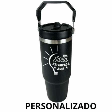 Garrafa Flip Straw Tumbler 900 ml Personalizada – Preto com Alça e Canudo