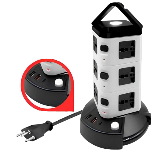 Torre Elétrica de 3 Andares com 12 Entradas Universais + 2 USB + 1 Tipo C – Bivolt – Organização e Conectividade