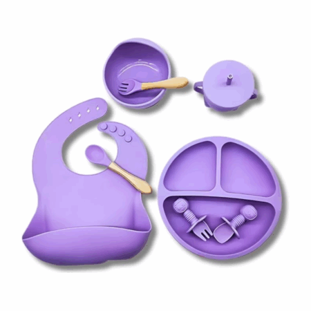 ROXO CLARO - Jogo Introdução Alimentar Bebê Utensílios em Silicone Premium 8 Pçs BBL-54
