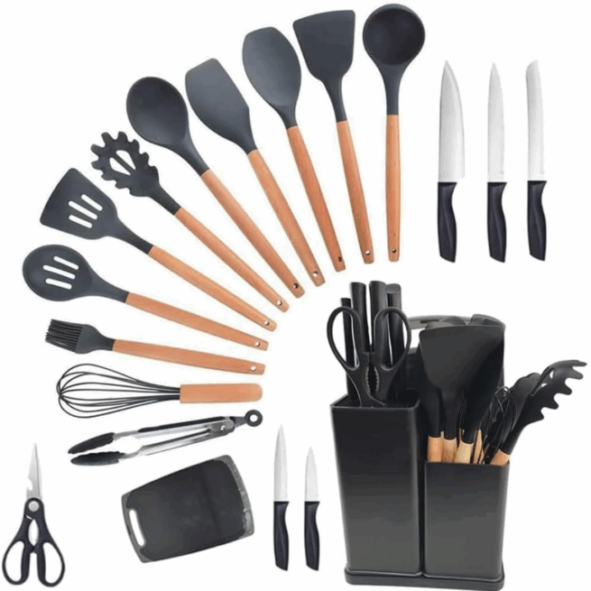 PRETO - Conjunto Completo de Utensílios de Cozinha 19 Peças - Qualidade e Durabilidade