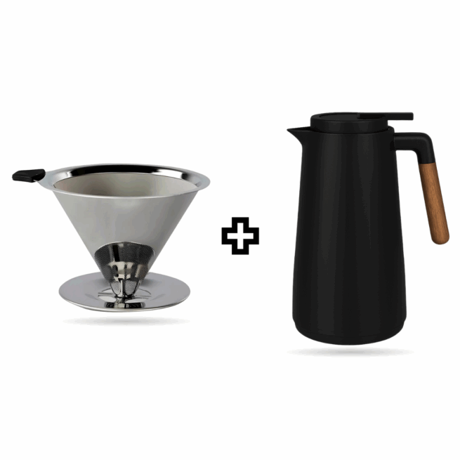 Kit Café Perfeito: Garrafa Térmica 1L Preta + Coador de Café Inox Permanente