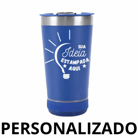 Personalizado - Bluetooth - Copo Térmico Som Led e TAMPA com ABRIDOR (473 ml) - Azul Royal