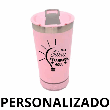 Personalizado - Bluetooth - Copo Térmico Som Led e TAMPA com ABRIDOR (420 ml) - Rosa Claro