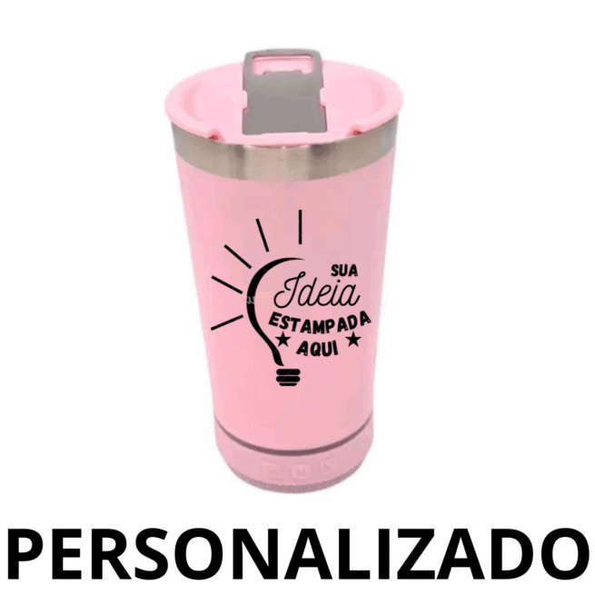 Personalizado - Bluetooth - Copo Térmico Som Led e TAMPA com ABRIDOR (420 ml) - Rosa Claro