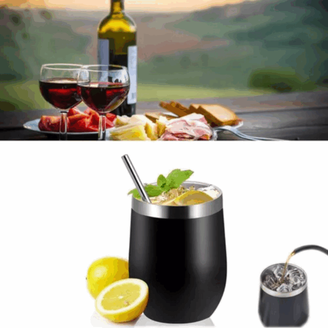 Copo Cuia térmico inox com tampa antivazamento - 360 ml - personalizado - preto elegante