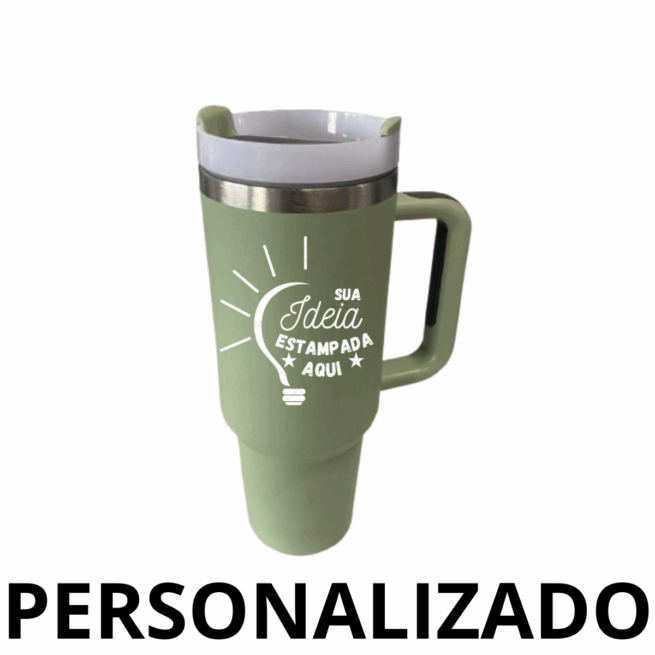 Personalizado - Copo Caneca (1200 ml) Inox com Alça e Canudo - Verde Bebê