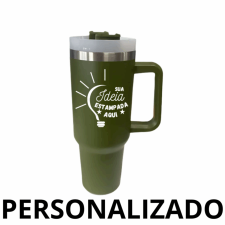 Personalizado - Copo Caneca (1200 ml) Inox com Alça e Canudo - Verde Militar