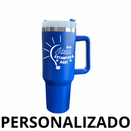 Personalizado - Copo Caneca (1200 ml) Inox com Alça e Canudo - Azul Royal (Médio)