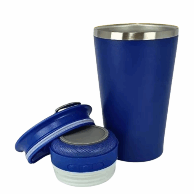 Personalizado - Bluetooth - Copo Térmico Som Led e TAMPA com ABRIDOR (473 ml) - Azul Royal