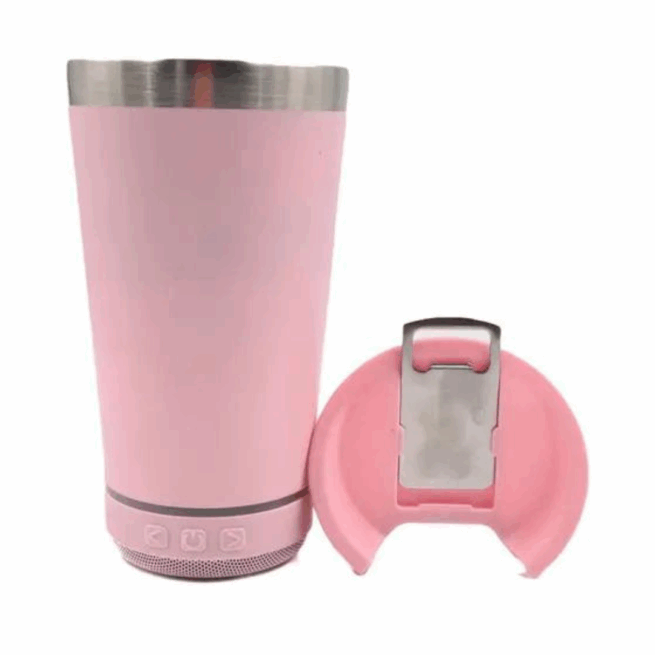 Personalizado - Bluetooth - Copo Térmico Som Led e TAMPA com ABRIDOR (420 ml) - Rosa Claro