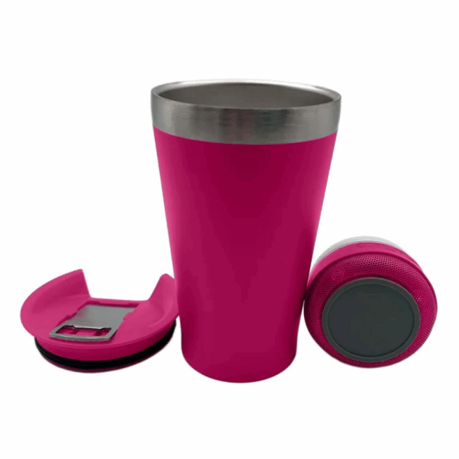 Personalizado - Bluetooth - Copo Térmico Som Led e TAMPA com ABRIDOR (420 ml) - Pink